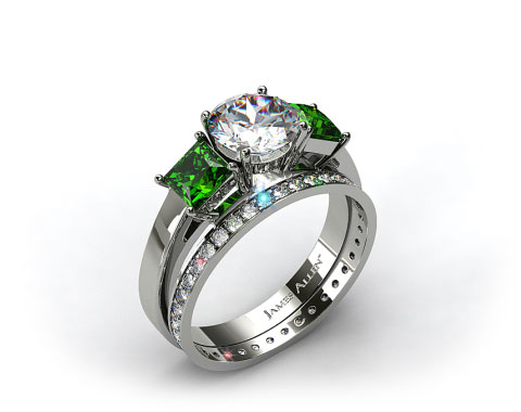 18k White Gold 3-Stone Carre Cut Emerald Engagement Ring & 0.26ct Pave Eternity Band
